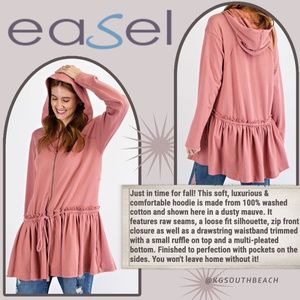 EASEL Lux Cotton Zip Front Hoodie W/ Drawstring Waist, Ruffled Trim Raw Seams